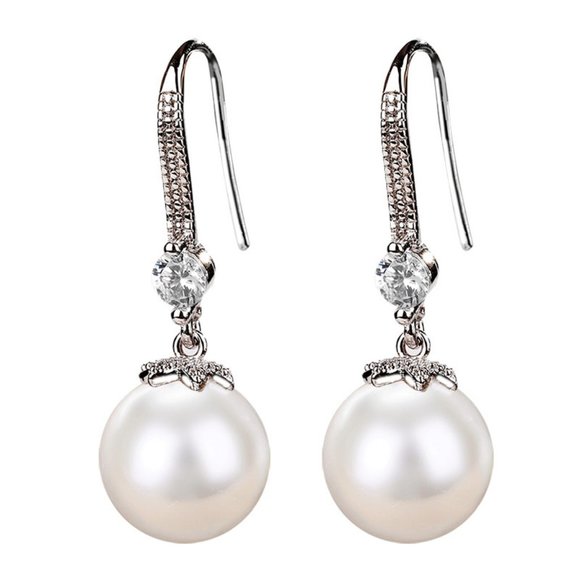 NEW Silver Round Diamond Pearl Drop Hook Earrings - Picture 5 of 5